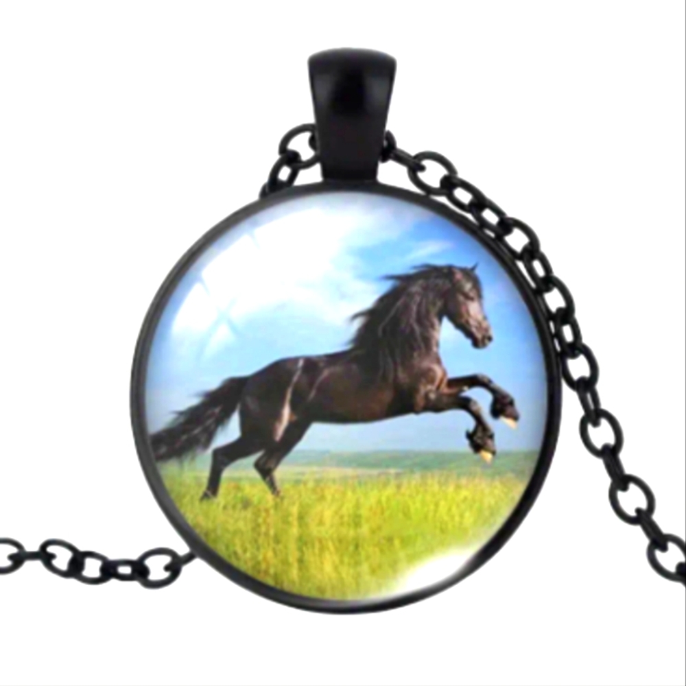 HORSE Running Black Pendant Necklace 22" Black Stainless Steel Chain Uni…
